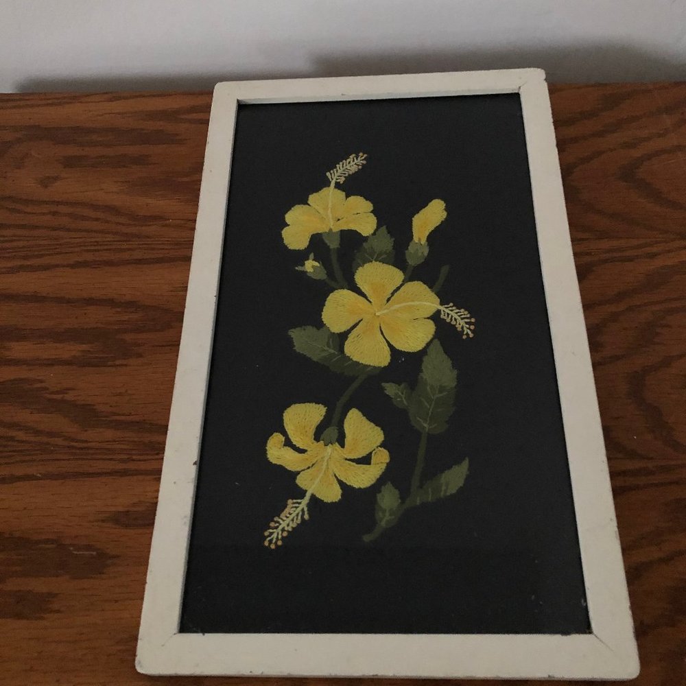 Vintage framed hand embroidery picture yellow flowers